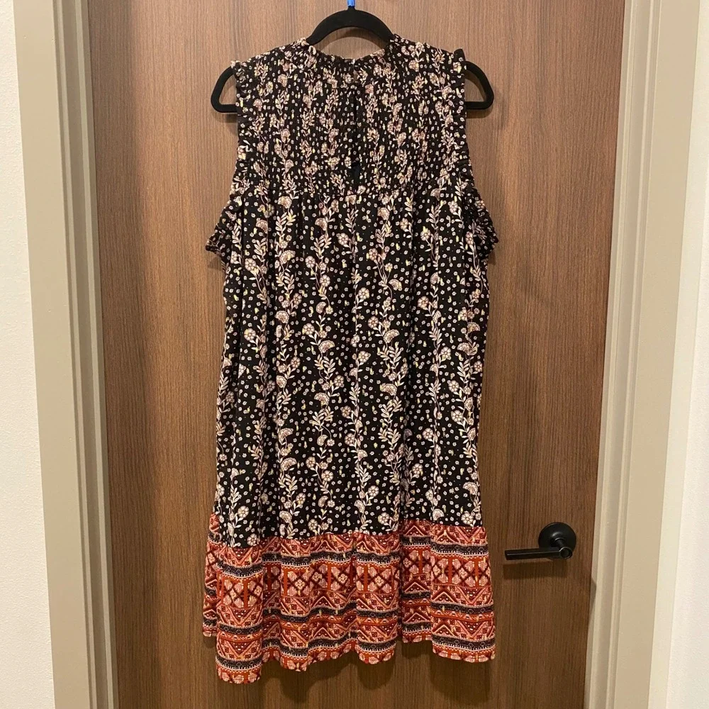 MAURICES Metallic Floral Smocked Neck Shift Dress Size 2X Black Boho Cottagecore